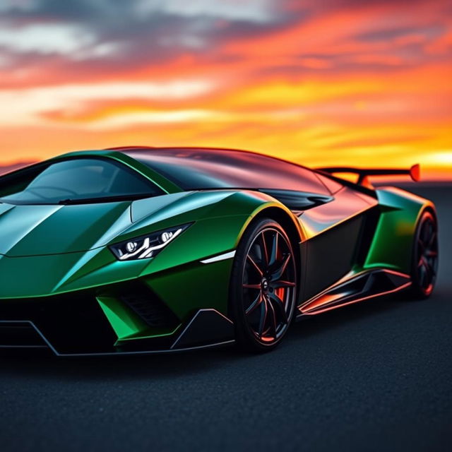 A sleek and powerful Lamborghini Demon, featuring a striking design with sharp angles and aerodynamic curves, painted in an eye-catching metallic green finish