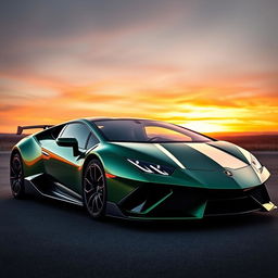 A sleek and powerful Lamborghini Demon, featuring a striking design with sharp angles and aerodynamic curves, painted in an eye-catching metallic green finish