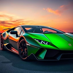 A sleek and powerful Lamborghini Demon, featuring a striking design with sharp angles and aerodynamic curves, painted in an eye-catching metallic green finish