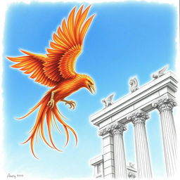 A majestic phoenix with rich, flowing feathers in shades of red, orange, and gold soaring through a clear blue sky towards an ancient stone tower