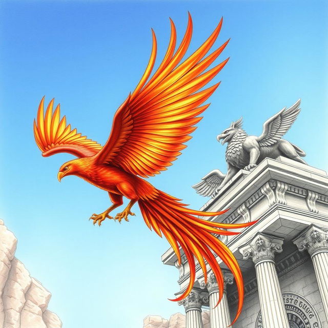 A majestic phoenix with rich, flowing feathers in shades of red, orange, and gold soaring through a clear blue sky towards an ancient stone tower