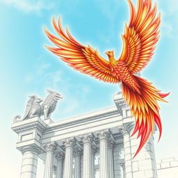 A majestic phoenix with rich, flowing feathers in shades of red, orange, and gold soaring through a clear blue sky towards an ancient stone tower
