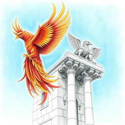 A majestic phoenix with rich, flowing feathers in shades of red, orange, and gold soaring through a clear blue sky towards an ancient stone tower