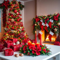 A beautifully decorated Christmas scene featuring a mix of deep red and festive greenery