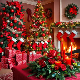 A beautifully decorated Christmas scene featuring a mix of deep red and festive greenery