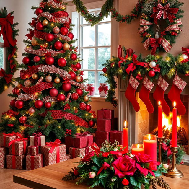 A beautifully decorated Christmas scene featuring a mix of deep red and festive greenery