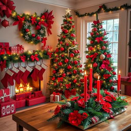 A beautifully decorated Christmas scene featuring a mix of deep red and festive greenery