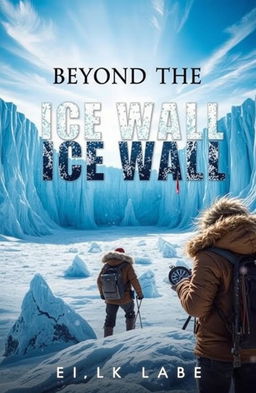 A captivating book cover for 'Beyond the Ice Wall', depicting an expansive icy landscape with towering walls of crystal-clear ice reflecting the sun's light