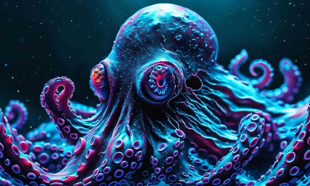 Close-up digital art of a vibrant octopus in high resolution, with detailed skin texture and expressive eyes against a deep blue background.