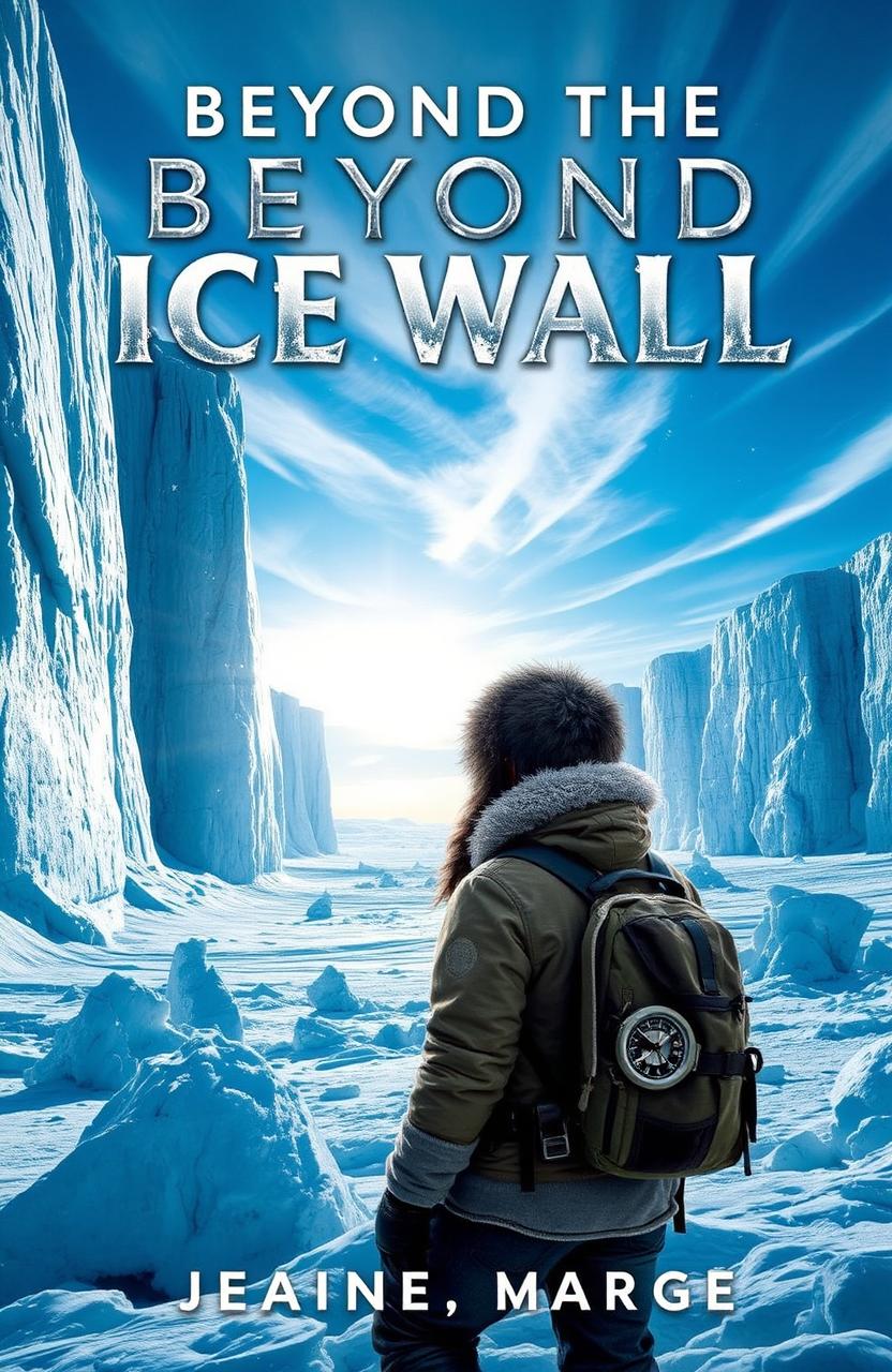 A captivating book cover for 'Beyond the Ice Wall', depicting an expansive icy landscape with towering walls of crystal-clear ice reflecting the sun's light