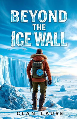 A captivating book cover for 'Beyond the Ice Wall', depicting an expansive icy landscape with towering walls of crystal-clear ice reflecting the sun's light