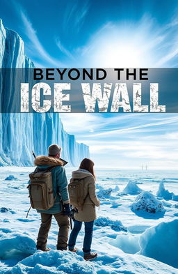 A captivating book cover for 'Beyond the Ice Wall', depicting an expansive icy landscape with towering walls of crystal-clear ice reflecting the sun's light