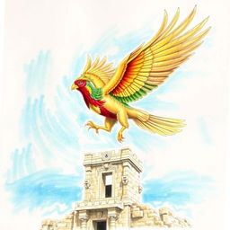 A majestic simorgh, a mythical bird with elaborate plumage in vibrant colors of gold, green, and red, soaring gracefully through a clear blue sky towards an ancient stone tower