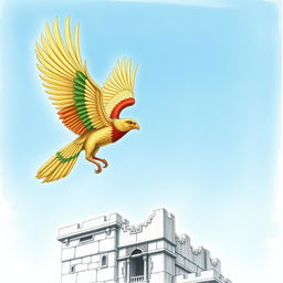 A majestic simorgh, a mythical bird with elaborate plumage in vibrant colors of gold, green, and red, soaring gracefully through a clear blue sky towards an ancient stone tower