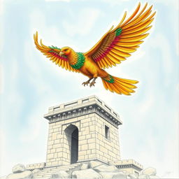 A majestic simorgh, a mythical bird with elaborate plumage in vibrant colors of gold, green, and red, soaring gracefully through a clear blue sky towards an ancient stone tower