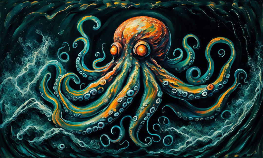 Van Gogh-style oil painting of an orange octopus with expressive eyes and detailed tentacles against a swirling background of blues and greens.