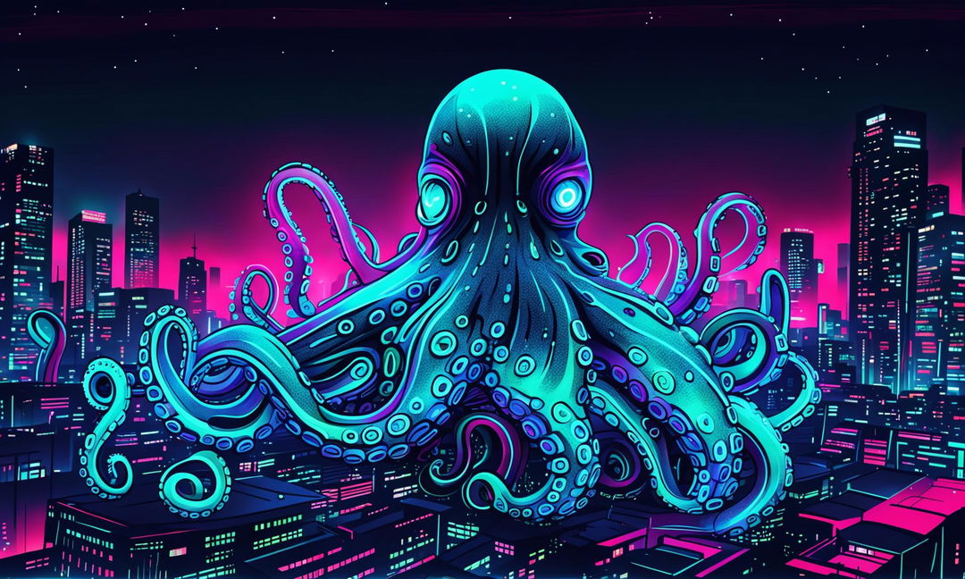 Digital art of a neon-lit octopus, glowing in vibrant colors against a dark, futuristic cityscape.