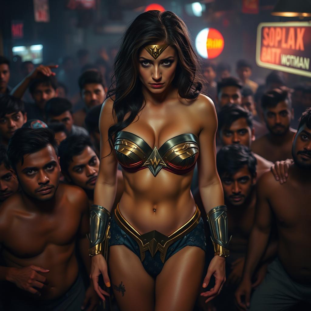 A sad and terrified Wonder Woman in a strapless bikini, featuring big breasts and noticeable cleavage, with sexy legs and a low-waisted panty, surrounded by a dense crowd of male patrons in a cheap Indian bar