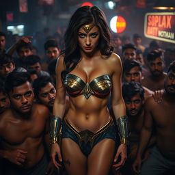 A sad and terrified Wonder Woman in a strapless bikini, featuring big breasts and noticeable cleavage, with sexy legs and a low-waisted panty, surrounded by a dense crowd of male patrons in a cheap Indian bar