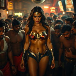 A sad and terrified Wonder Woman in a strapless bikini, featuring big breasts and noticeable cleavage, with sexy legs and a low-waisted panty, surrounded by a dense crowd of male patrons in a cheap Indian bar