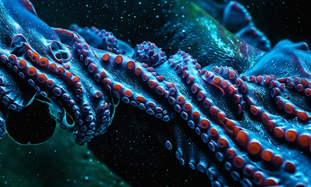 Ultra HD photograph of intense close-up of octopus tentacles under murky water, occupying the right side of the frame.