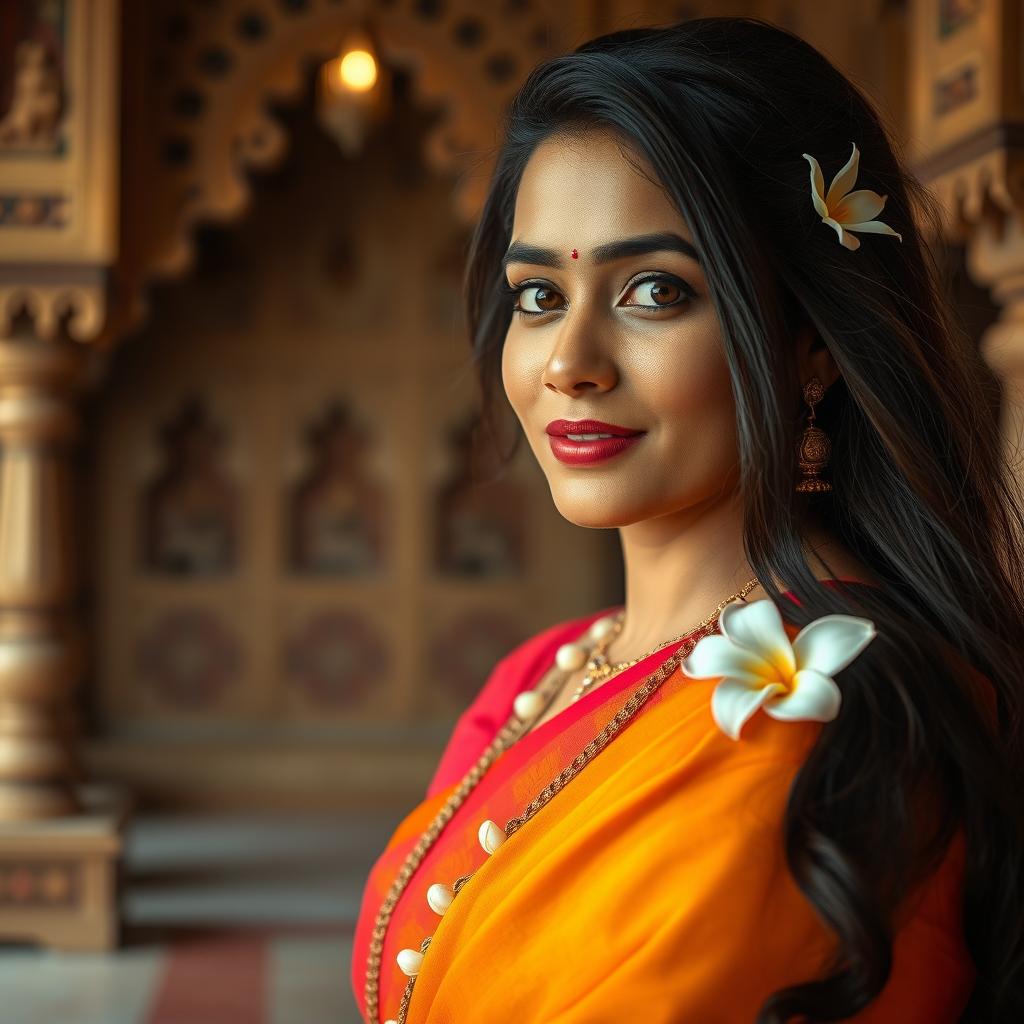 A portrait of a South Indian woman, featuring beautiful traditional attire such as a vibrant saree