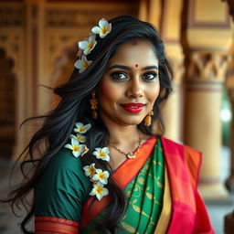A portrait of a South Indian woman, featuring beautiful traditional attire such as a vibrant saree