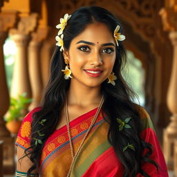 A portrait of a South Indian woman, featuring beautiful traditional attire such as a vibrant saree