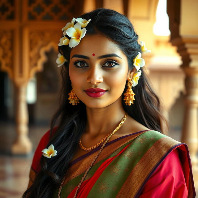 A portrait of a South Indian woman, featuring beautiful traditional attire such as a vibrant saree