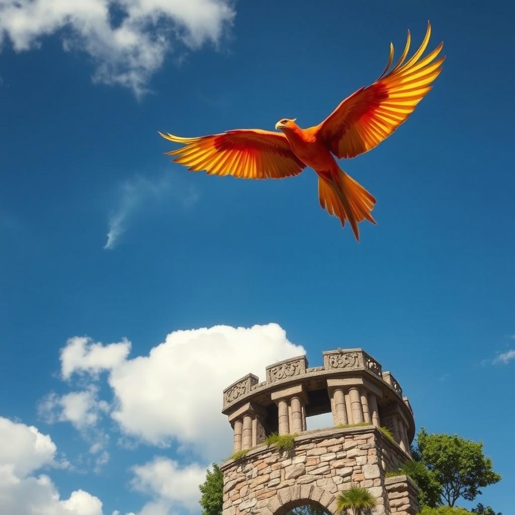 A majestic phoenix soaring gracefully through a clear blue sky, with its vibrant feathers in shades of red, orange, and gold, glistening in the sunlight