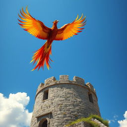 A majestic phoenix soaring gracefully through a clear blue sky, with its vibrant feathers in shades of red, orange, and gold, glistening in the sunlight