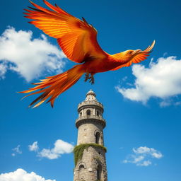 A majestic phoenix soaring gracefully through a clear blue sky, with its vibrant feathers in shades of red, orange, and gold, glistening in the sunlight