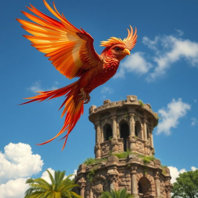 A majestic phoenix soaring gracefully through a clear blue sky, with its vibrant feathers in shades of red, orange, and gold, glistening in the sunlight