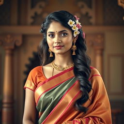A graceful South Indian woman dressed in an elegant traditional saree, showcasing her confident and proud demeanor