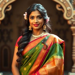 A graceful South Indian woman dressed in an elegant traditional saree, showcasing her confident and proud demeanor