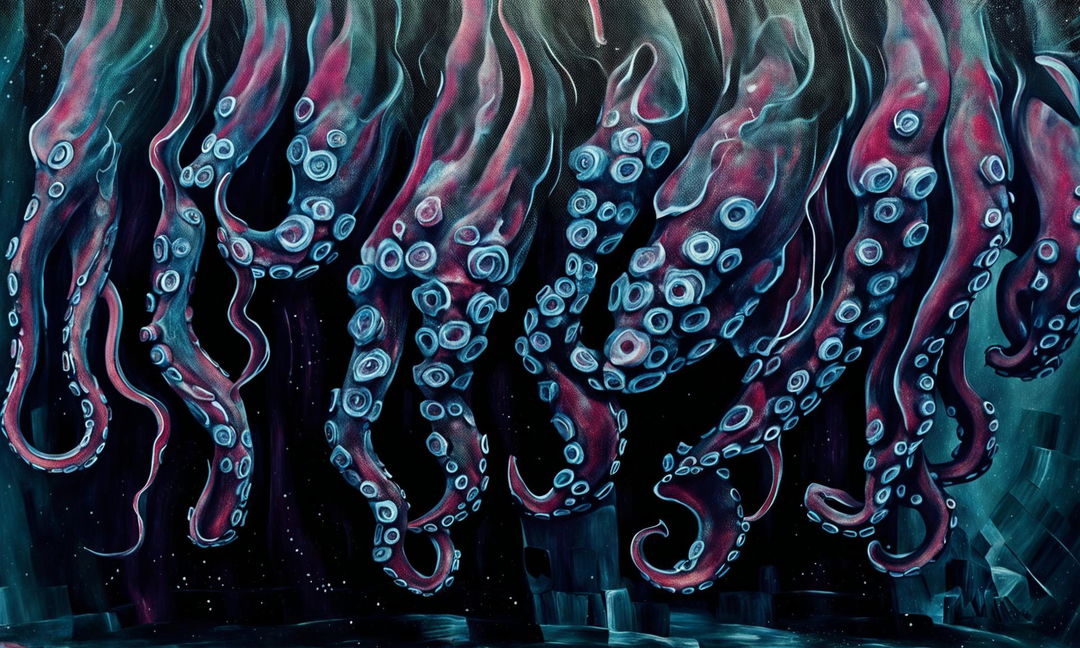 Intense oil painting close-up of octopus tentacles under murky water on the right side of the frame.