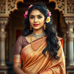 A graceful South Indian woman dressed in an elegant traditional saree, showcasing her confident and proud demeanor