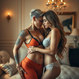 A sensual scene featuring two confident women exploring intimacy