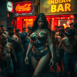 A sad Wonder Woman in a strapless bikini, showcasing her sexy legs, feeling overwhelmed as she is surrounded by a dense crowd of male patrons outside a cheap Indian bar