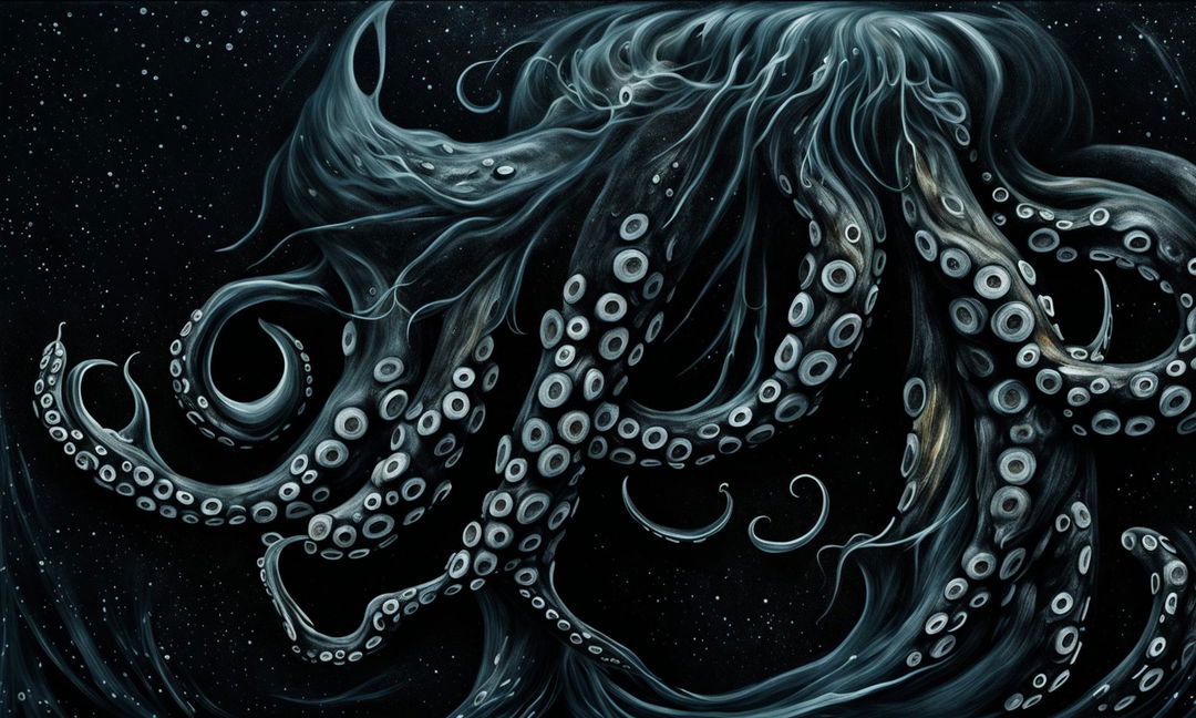 Dark painting featuring octopus tentacles emerging from the right side of the frame against a backdrop of deep blacks and blues.