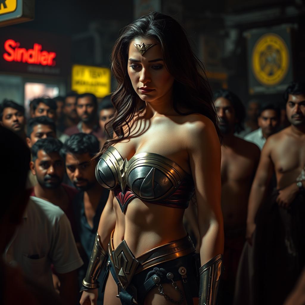 A sad Wonder Woman wearing a strapless bikini, accentuating her sexy ass, feeling overwhelmed and isolated while surrounded by a dense male crowd outside a cheap Indian bar