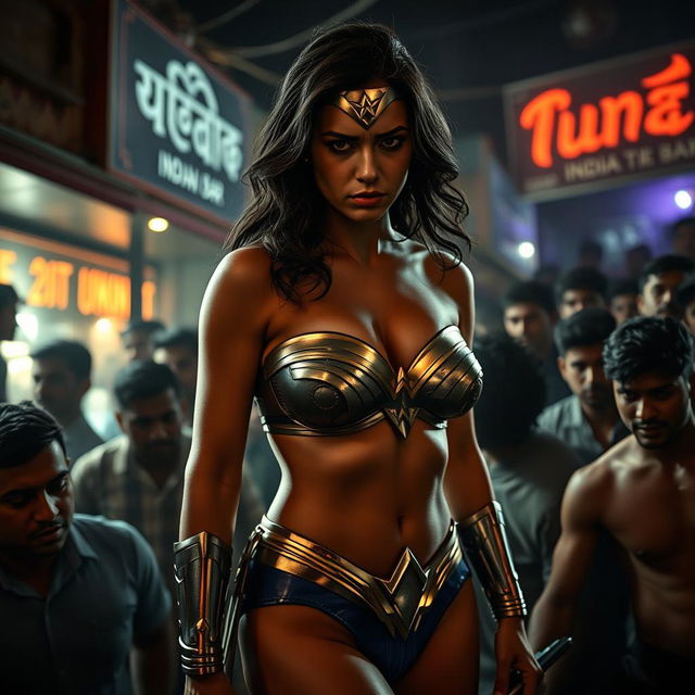 A sad Wonder Woman wearing a strapless bikini, accentuating her sexy ass, feeling overwhelmed and isolated while surrounded by a dense male crowd outside a cheap Indian bar