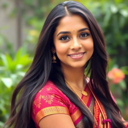 A portrait of a beautiful Indian woman, featuring long flowing black hair and striking almond-shaped eyes