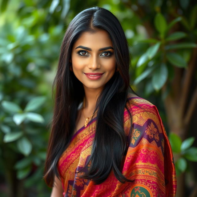 A portrait of a beautiful Indian woman, featuring long flowing black hair and striking almond-shaped eyes