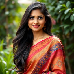 A portrait of a beautiful Indian woman, featuring long flowing black hair and striking almond-shaped eyes