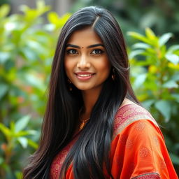 A portrait of a beautiful Indian woman, featuring long flowing black hair and striking almond-shaped eyes
