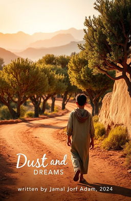 A Moroccan rural boy wearing a traditional djallaba, thoughtfully leaving his rustic home to explore the expansive landscape
