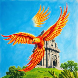 A stunning pencil drawing of a majestic phoenix, with vibrant plumage of reds, oranges, and golds, soaring gracefully through a clear blue sky