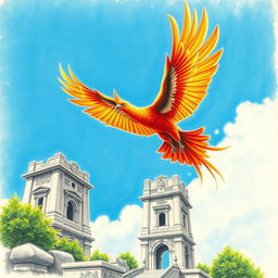 A stunning pencil drawing of a majestic phoenix, with vibrant plumage of reds, oranges, and golds, soaring gracefully through a clear blue sky