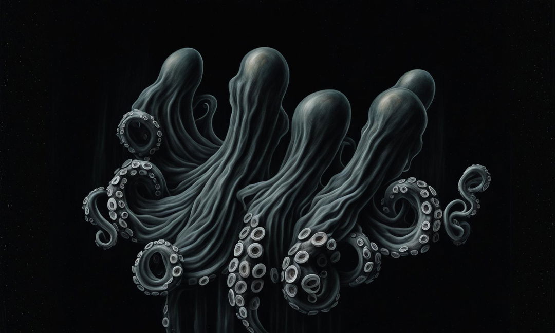 Oil painting of three octopus tentacles emerging from a dark, minimalist background.